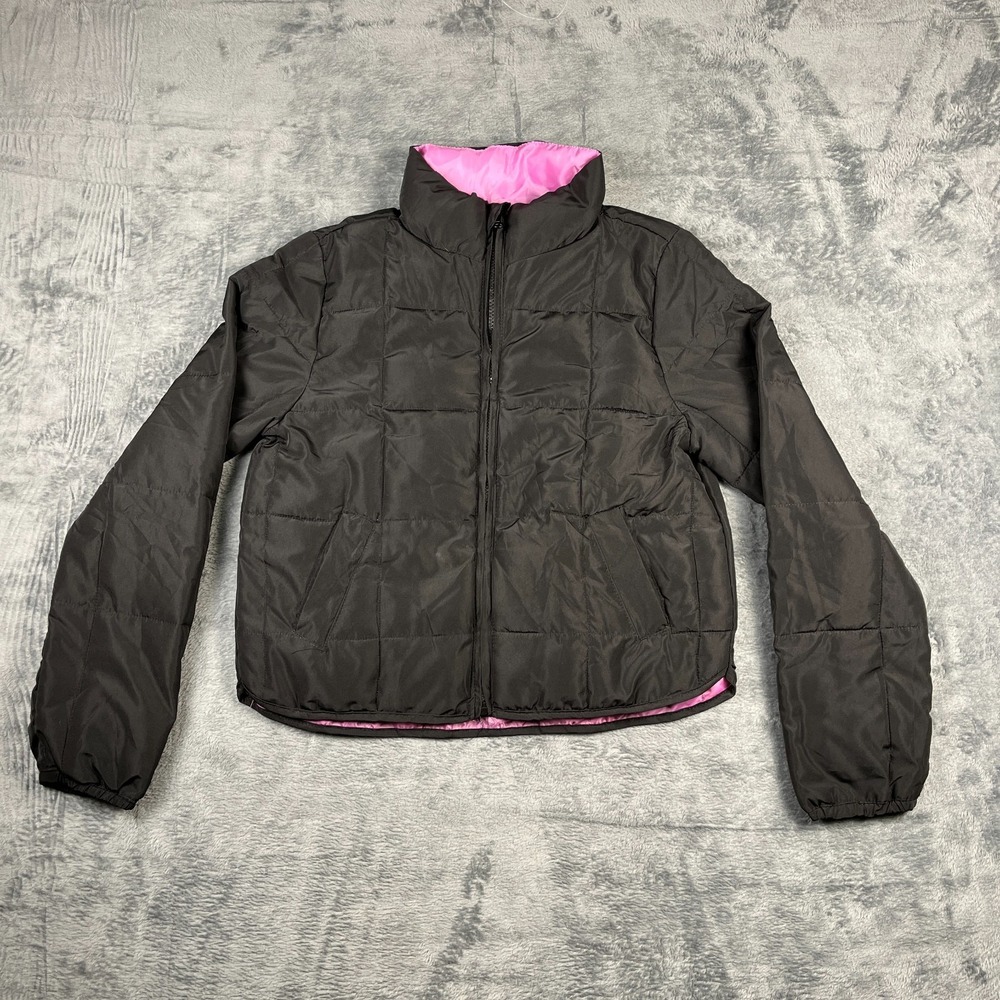 No Boundaries Puffer Jacket Womens XS/S Black Quilted Full Zip Pink Lined Coat